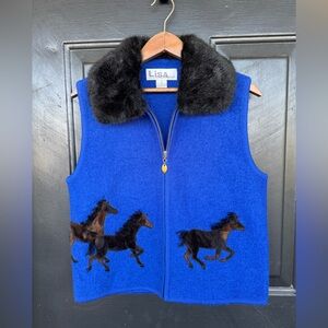 Lisa International Boiled Wool Blue Vest w/ Black Faux Fur Collar